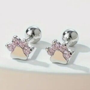 - New! Paw Print Pink Rhinestone Stainless Steel Stud Earrings